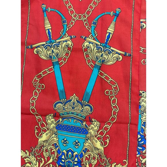 Vintage Silk Scarf Baroque Heraldic Royal Crest Tassels Chain Design Headwear - Picture 2 of 4